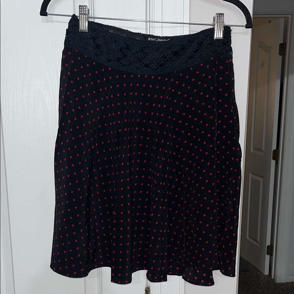 Vintage Betsy Johnson 100% silk black with red polka dots skirt Size 4